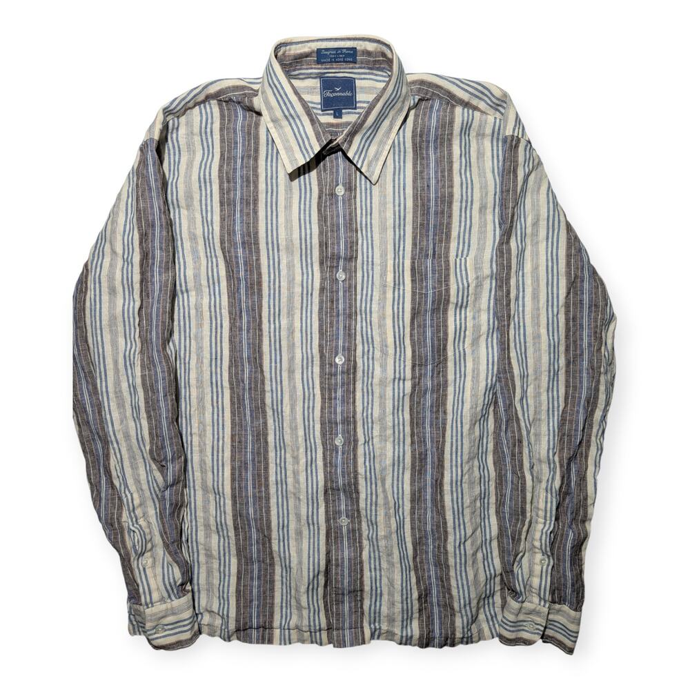Façonnable 100% Linen Stripe Button Down Shirt Mens Large Made Hong Kong‎